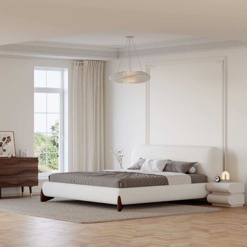 HMR - Curva Boucle Upholstered Platform Bed with Walnut Legs