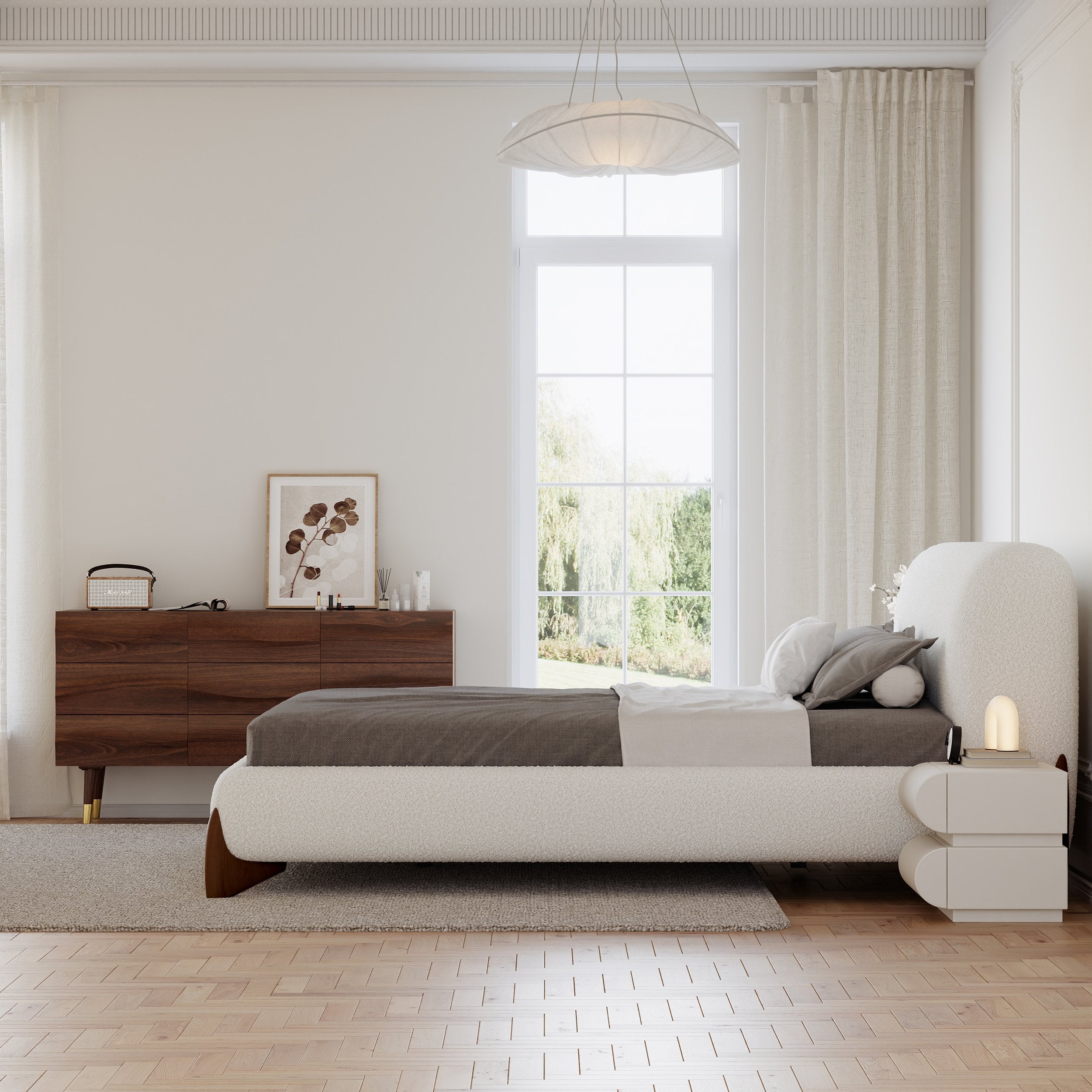 HMR - Curva Boucle Upholstered Platform Bed with Walnut Legs