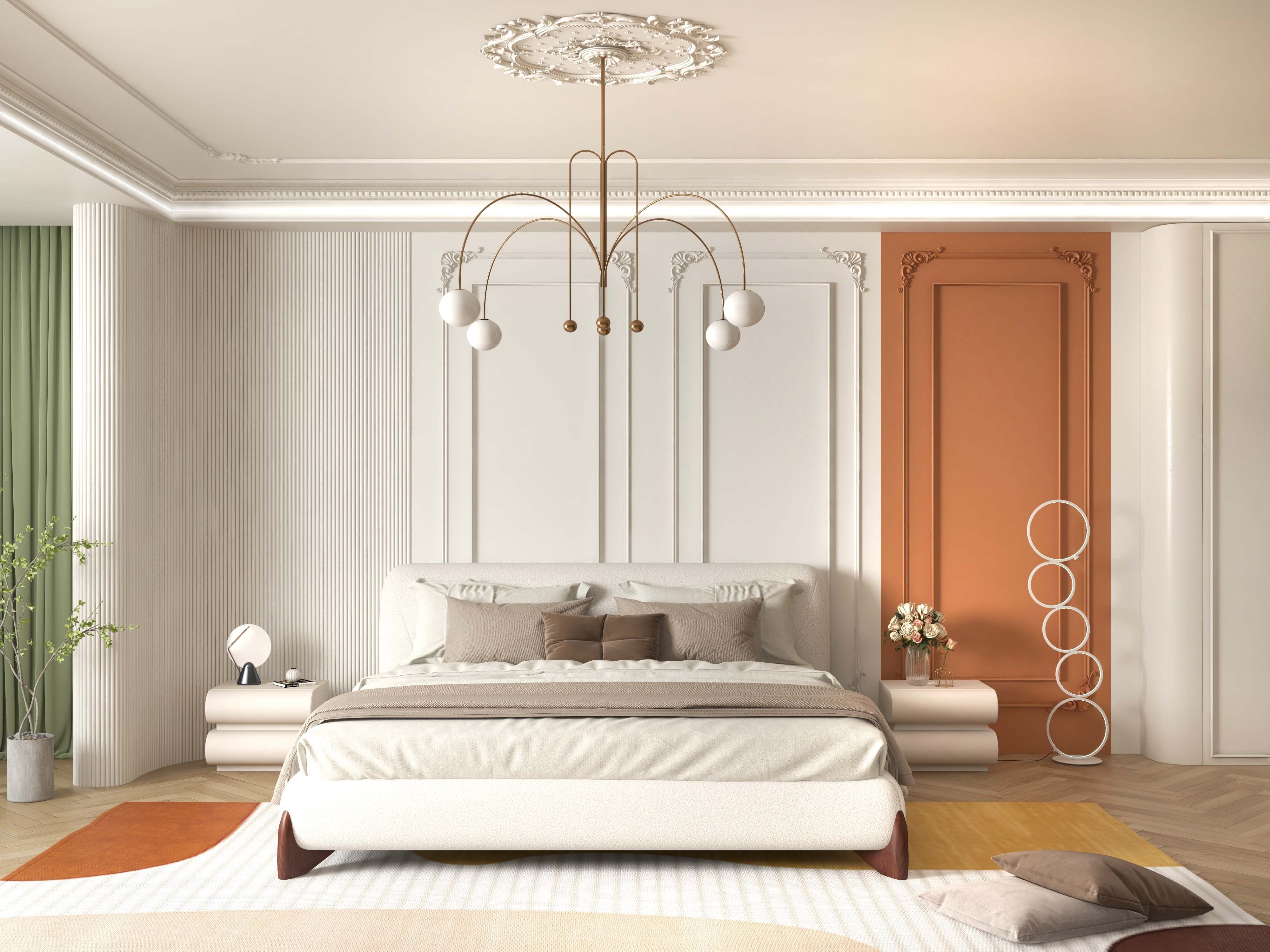 HMR - Curva Boucle Upholstered Platform Bed with Walnut Legs