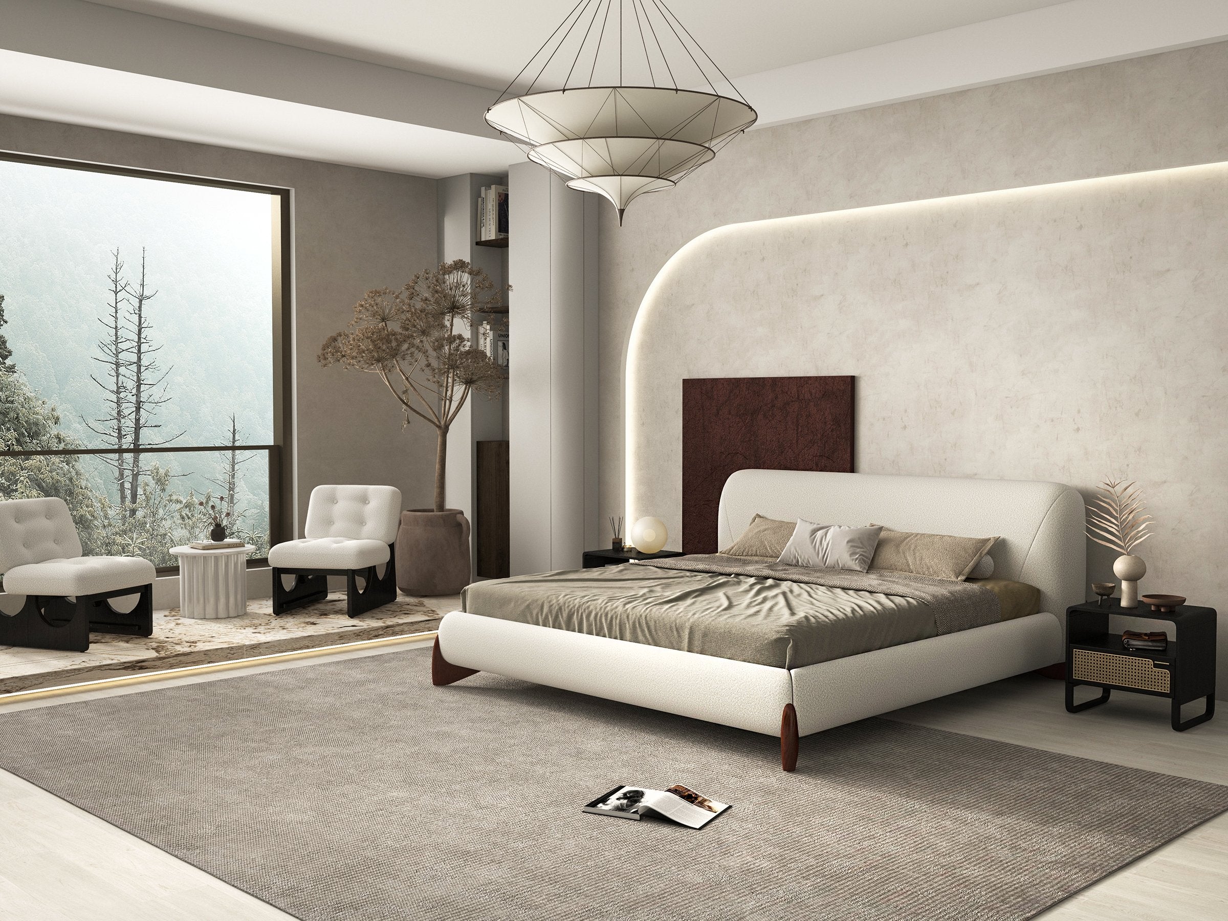 HMR - Curva Boucle Upholstered Platform Bed with Walnut Legs