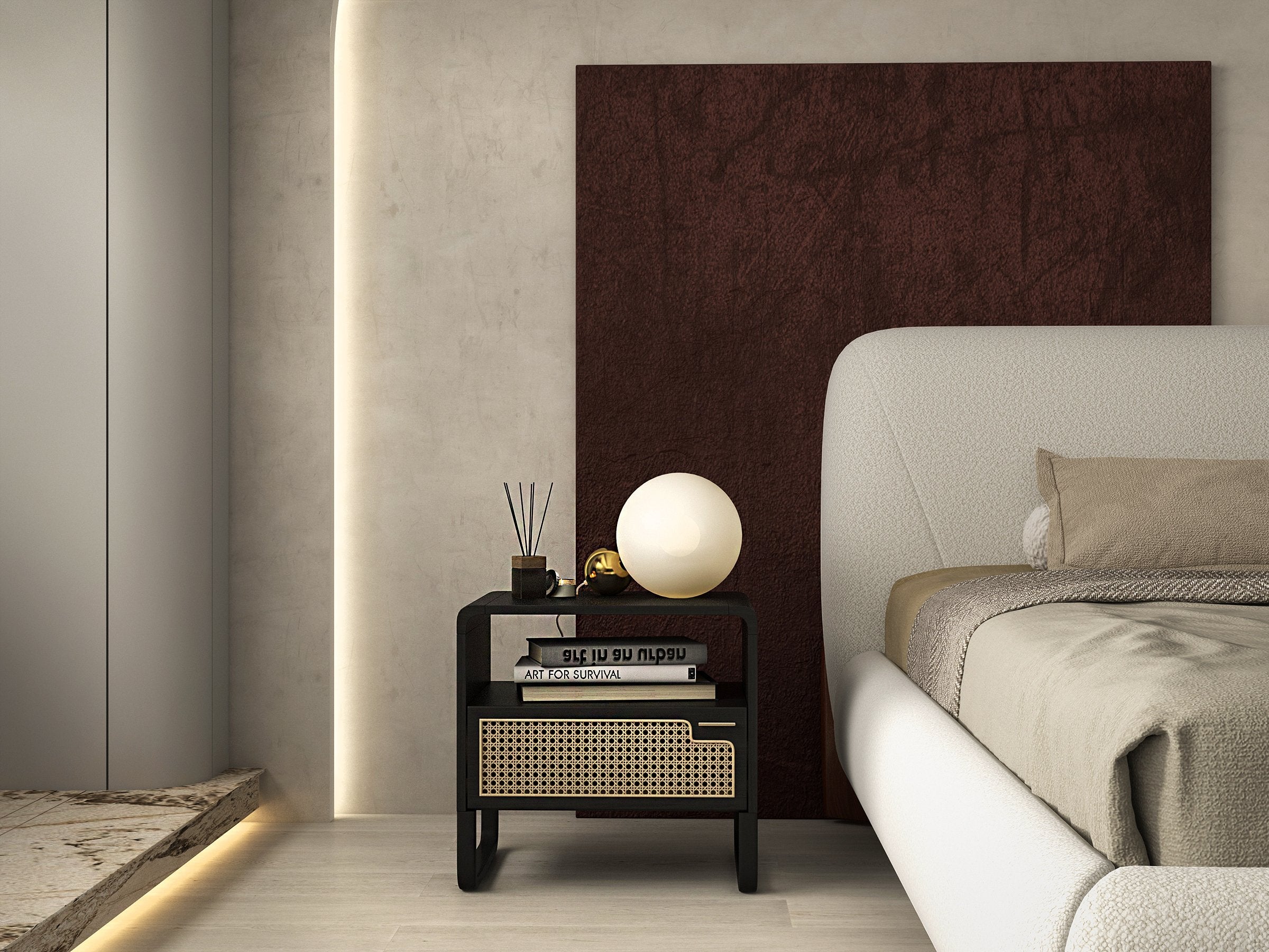HMR - Curva Boucle Upholstered Platform Bed with Walnut Legs