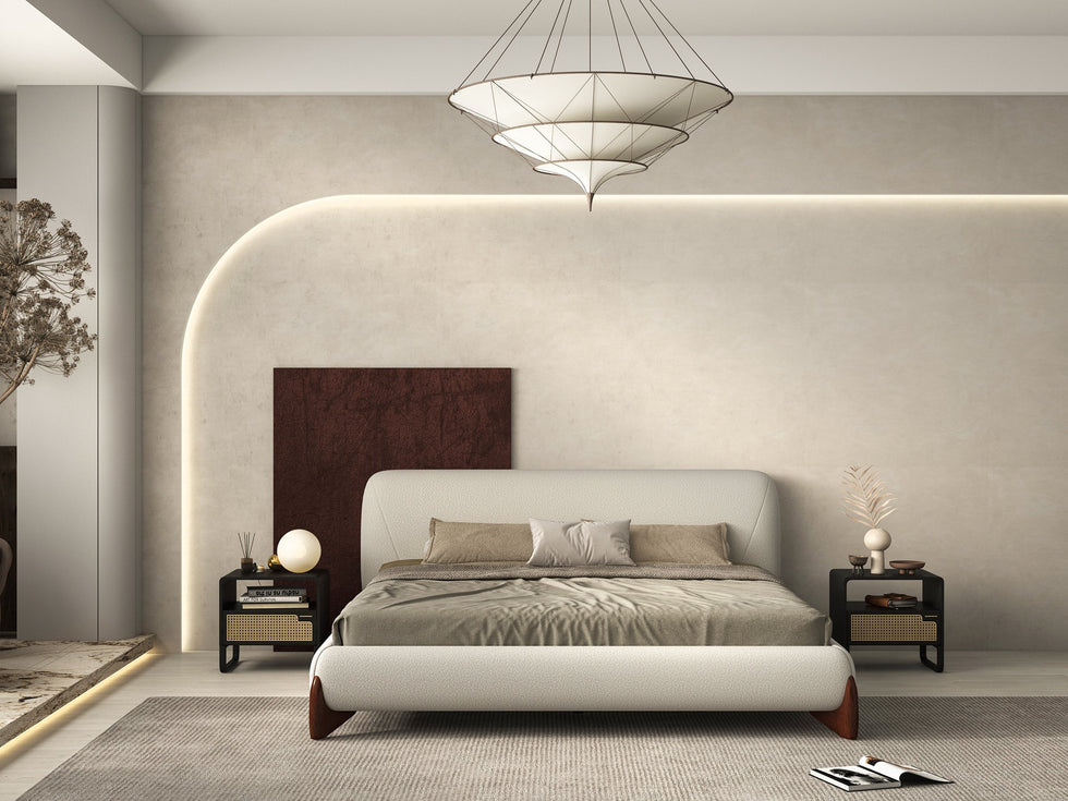 HMR - Curva Boucle Upholstered Platform Bed with Walnut Legs