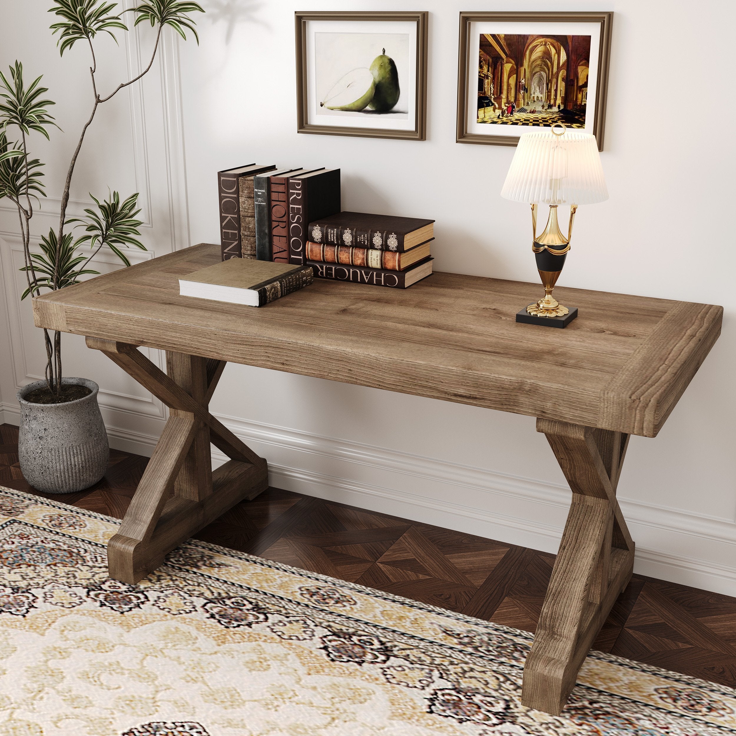 HMR - Vintage Style Rectangular Pine wood Farmhouse Desk