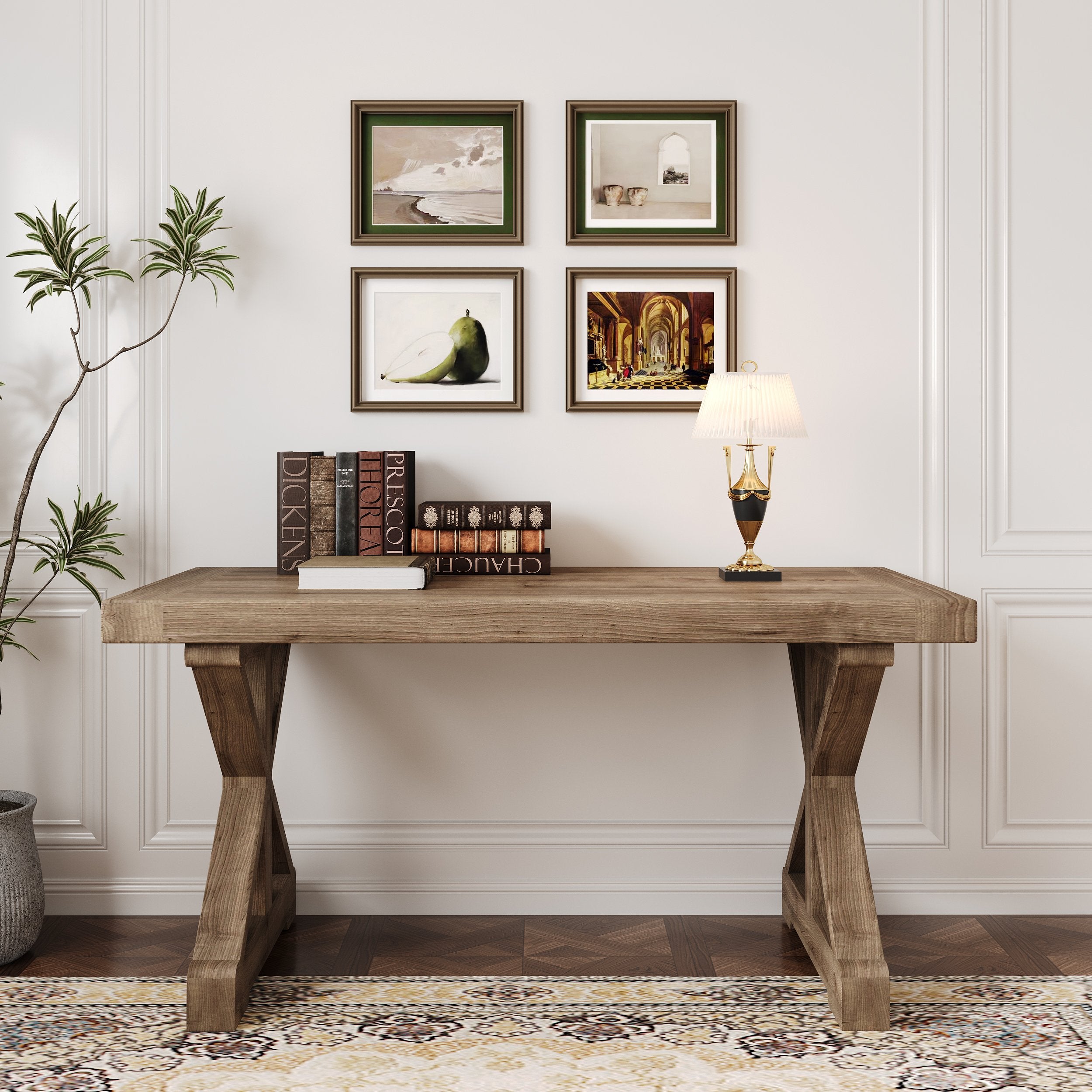 HMR - Vintage Style Rectangular Pine wood Farmhouse Desk
