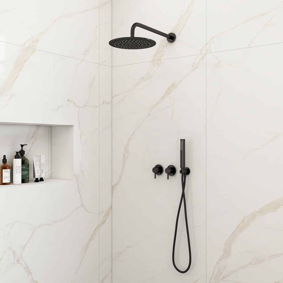 HMR - 10" Wall-Mounted Round Black Shower System 2-Function with Hand Shower
