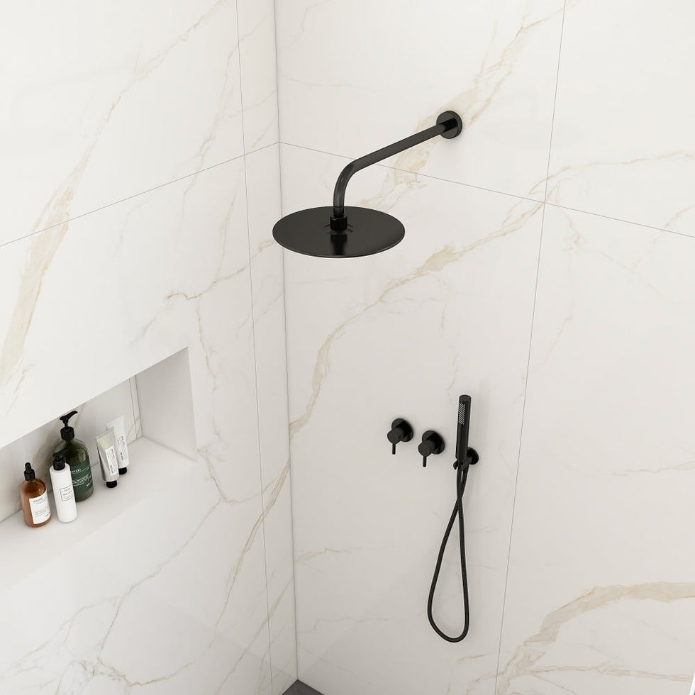 HMR - 10" Wall-Mounted Round Black Shower System 2-Function with Hand Shower
