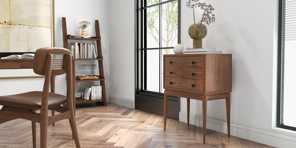 HMR - Tanic Mid Century Modern Chest Cabinet with Storage 3 Drawers of Ash Wood in Walnut