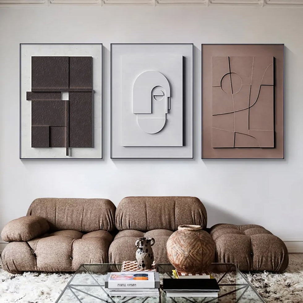 HMR - 3 Pieces Japandi Canvas Wall Art Print Hanging Wall Decor Set with Rectangle Frame