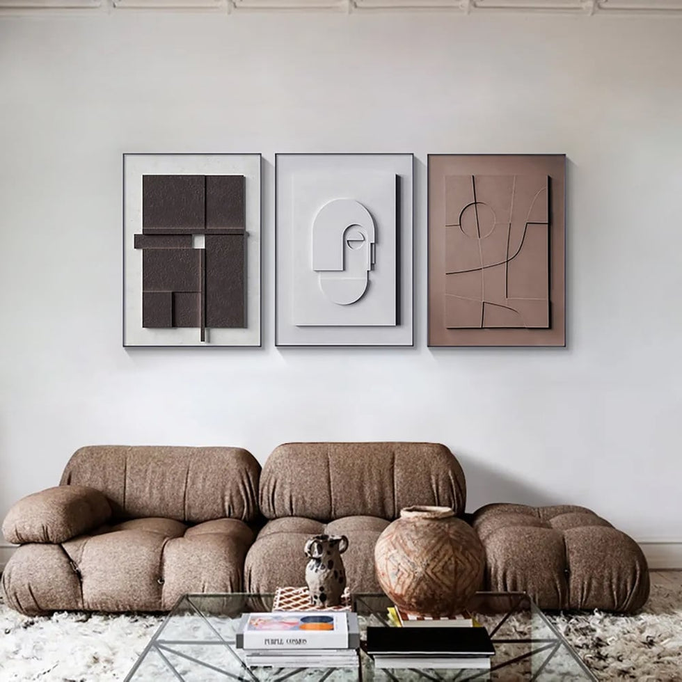 HMR - 3 Pieces Japandi Canvas Wall Art Print Hanging Wall Decor Set with Rectangle Frame