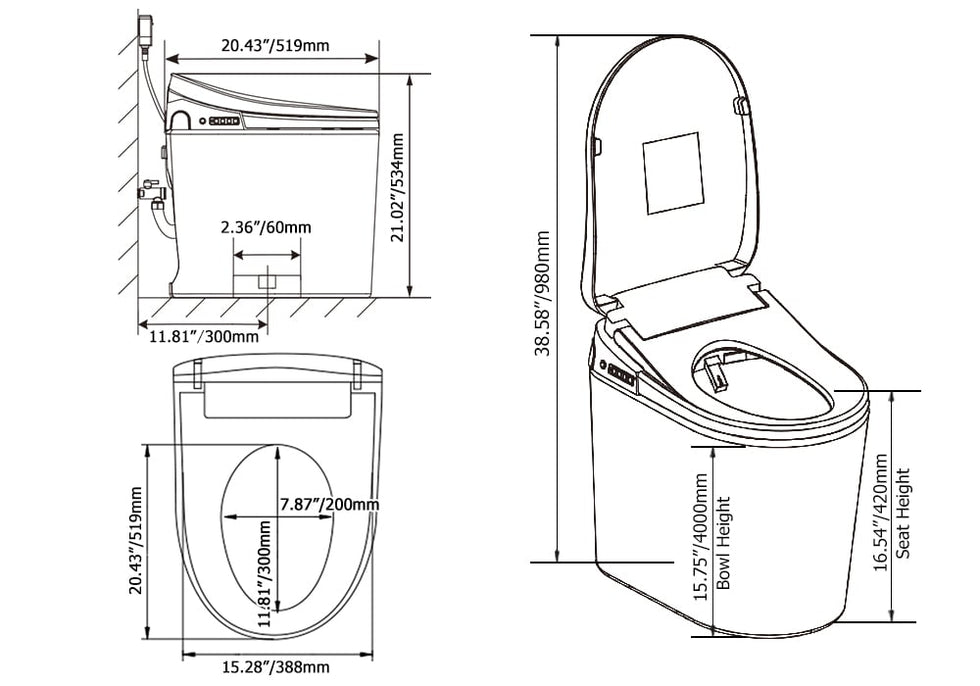 HMR - Compact Smart Bidet Toilet with Automatic Flushing 1.28 GPF