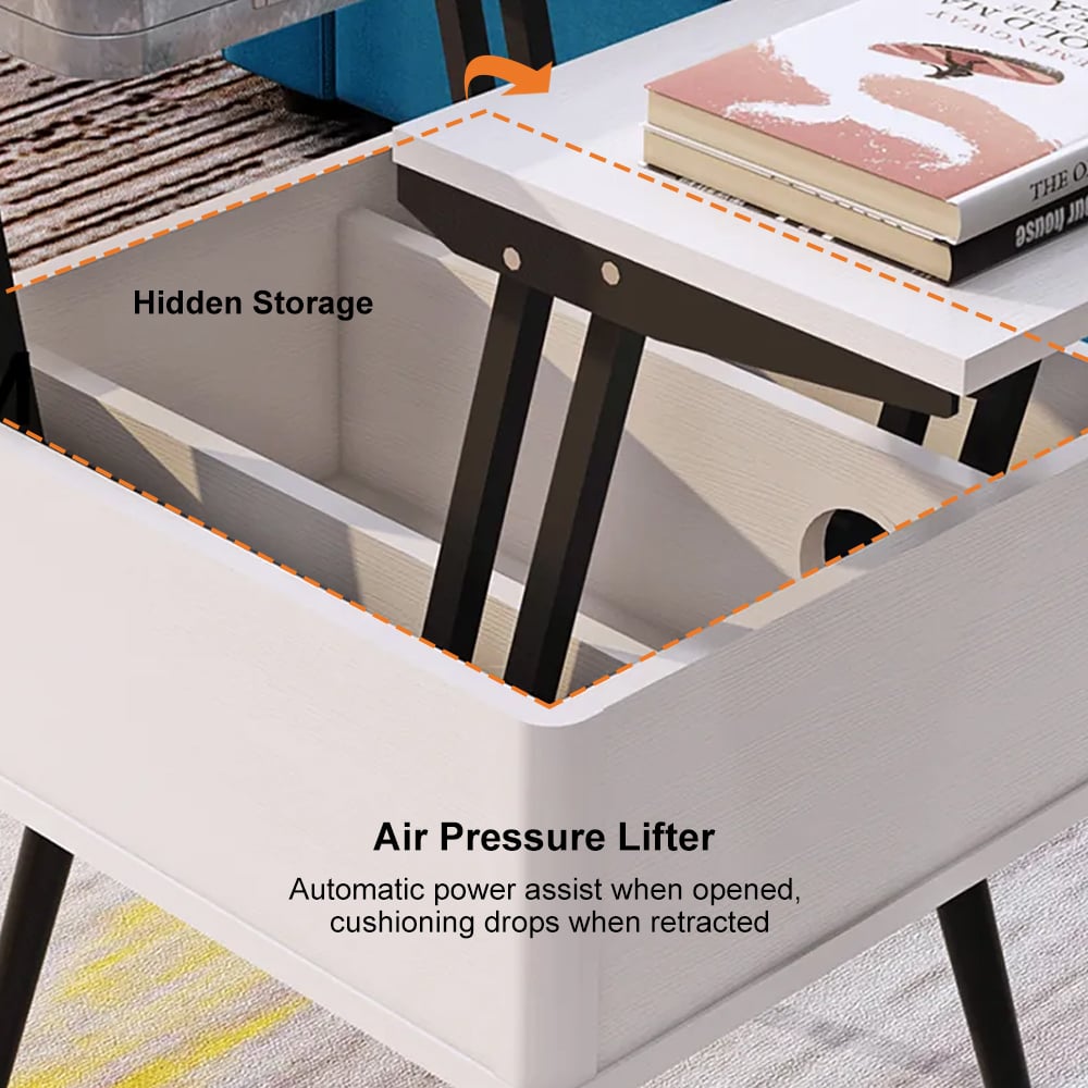 HMR - Lift Top Coffee Table with Storage MDF Top and Carbon Steel Base Extendable in Gray