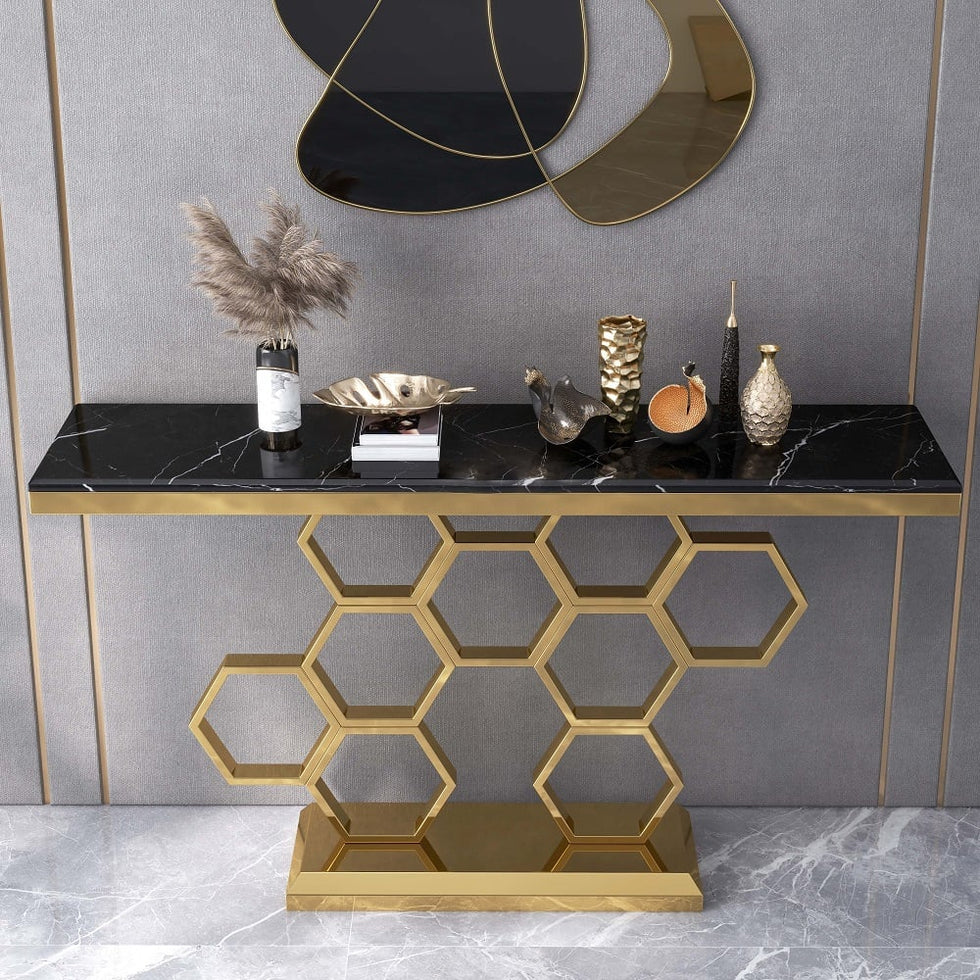 HMR - 59" Modern Rectangle Black Marble Console Table Narrow Entryway Table