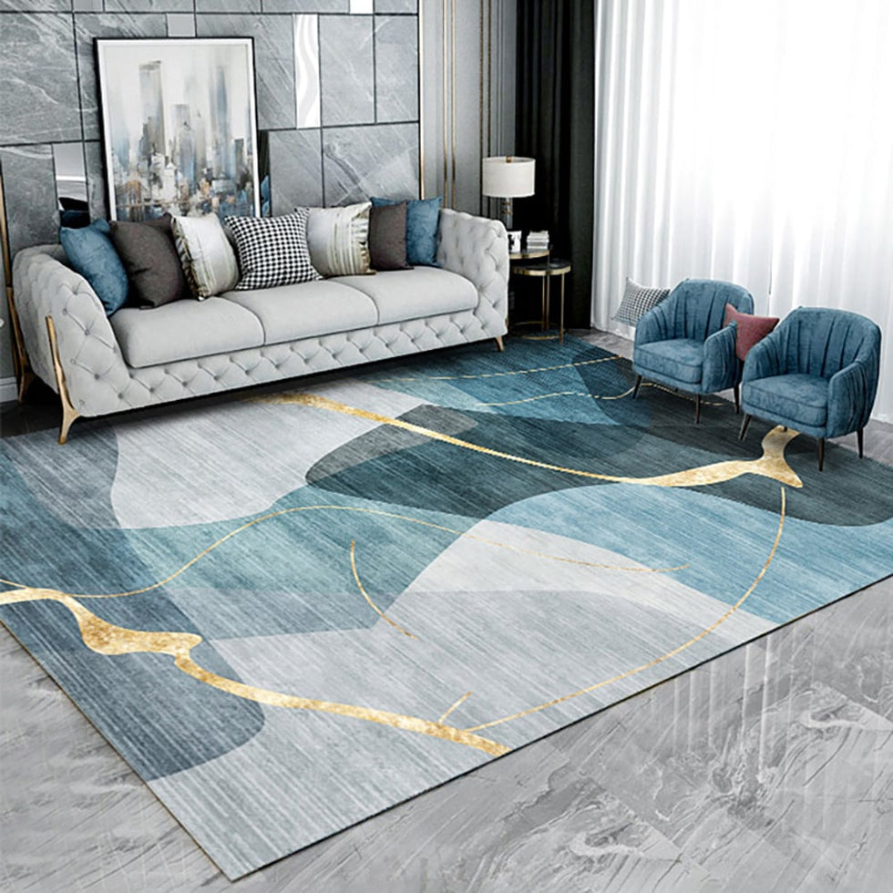 HMR - Multi-purpose Modern Style Nylon Retangular Blue & Gold Florid Area Rug