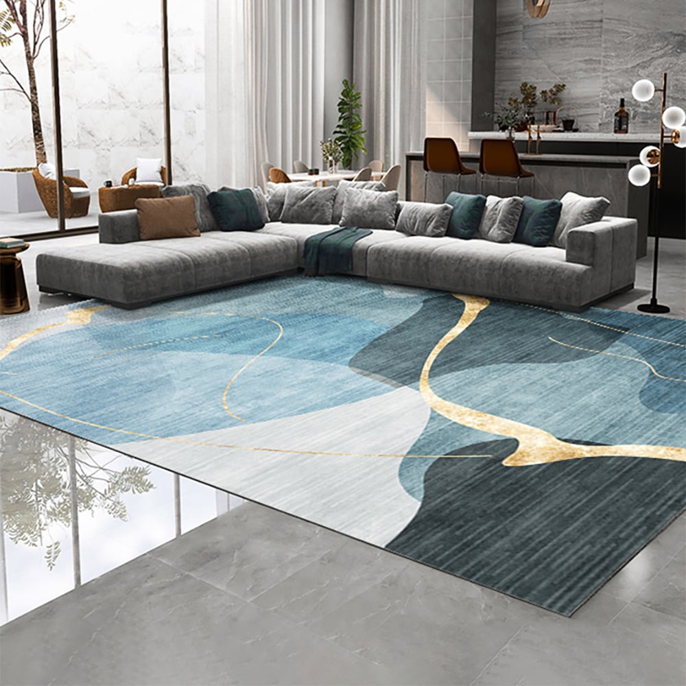 HMR - Multi-purpose Modern Style Nylon Retangular Blue & Gold Florid Area Rug
