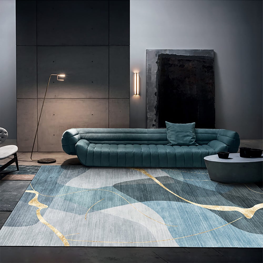 HMR - Multi-purpose Modern Style Nylon Retangular Blue & Gold Florid Area Rug