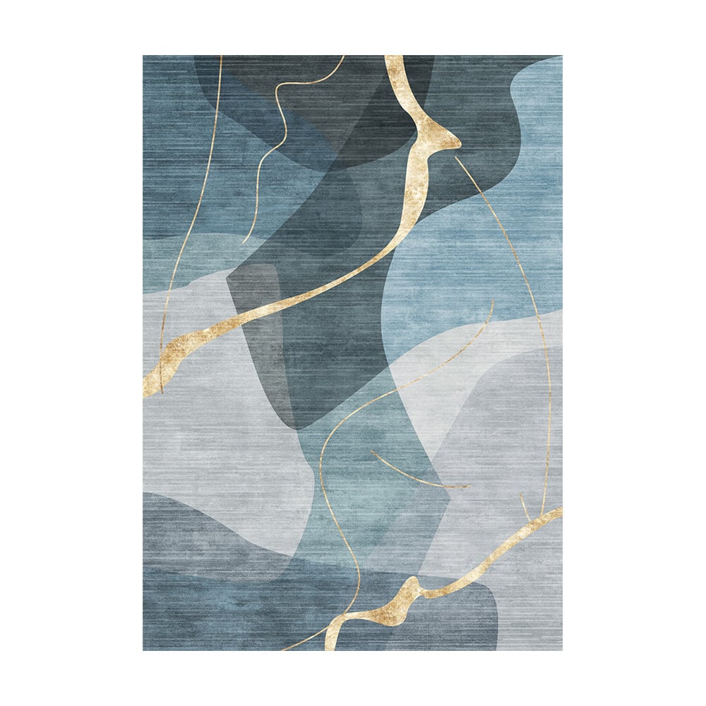 HMR - Multi-purpose Modern Style Nylon Retangular Blue & Gold Florid Area Rug