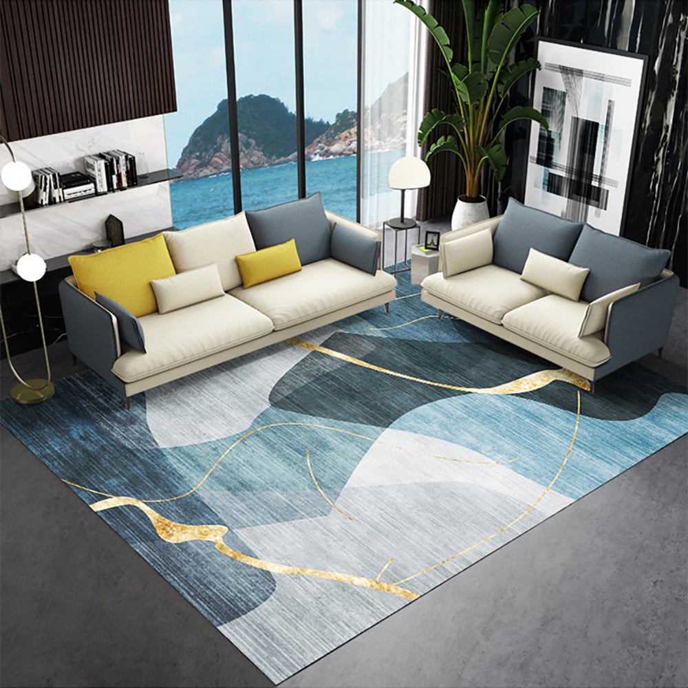 HMR - Multi-purpose Modern Style Nylon Retangular Blue & Gold Florid Area Rug