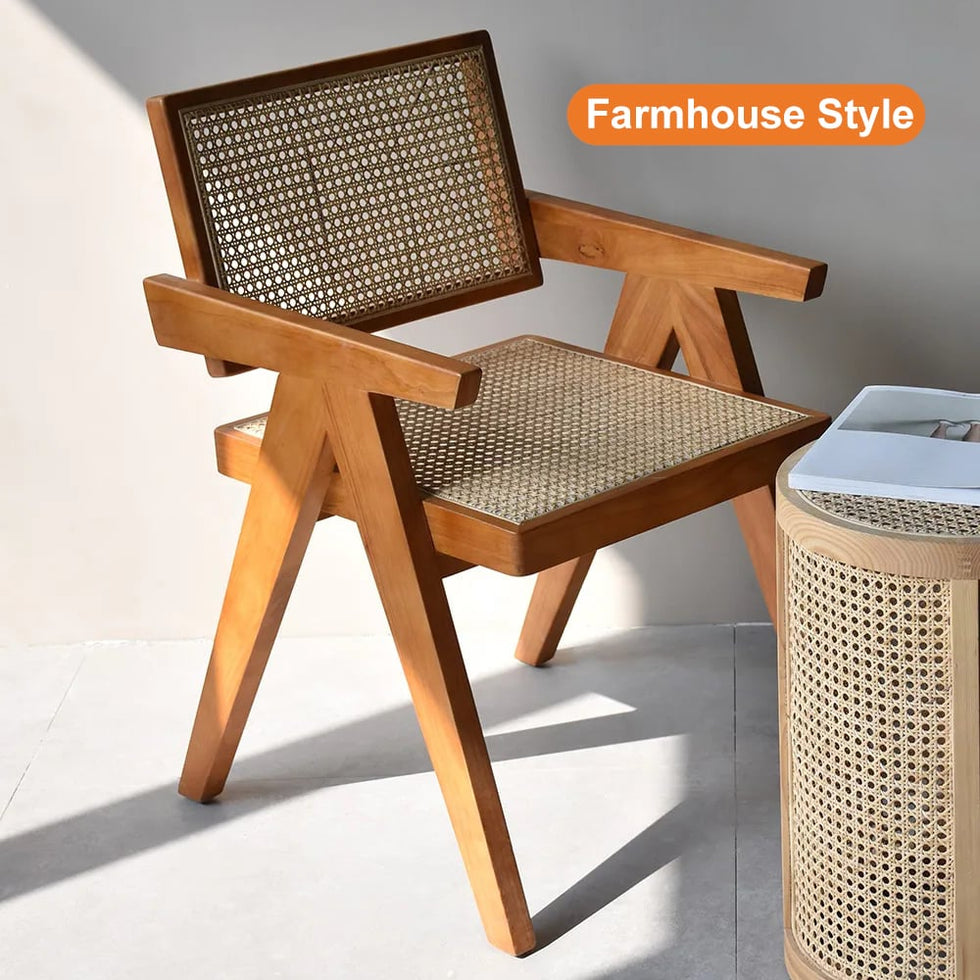 HMR - Archic Japandi Bleached Wood Rattan Dining Chair with Solid Wood Frame