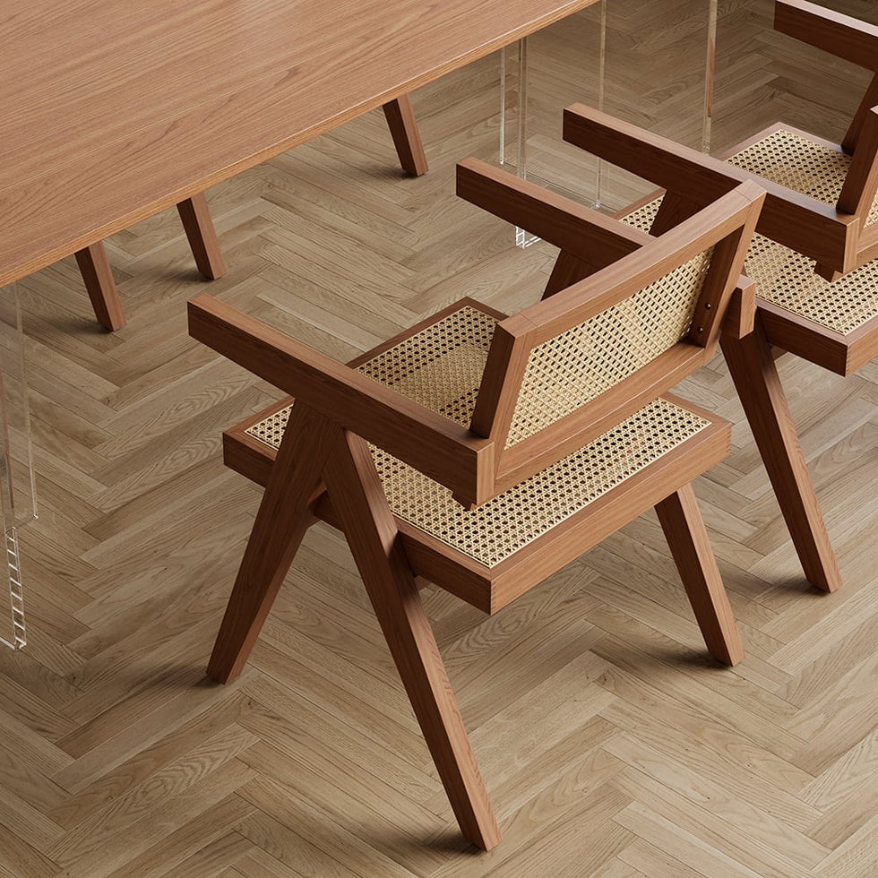 HMR - Archic Japandi Bleached Wood Rattan Dining Chair with Solid Wood Frame