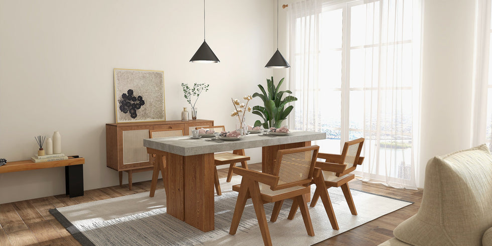 HMR - Archic Japandi Bleached Wood Rattan Dining Chair with Solid Wood Frame
