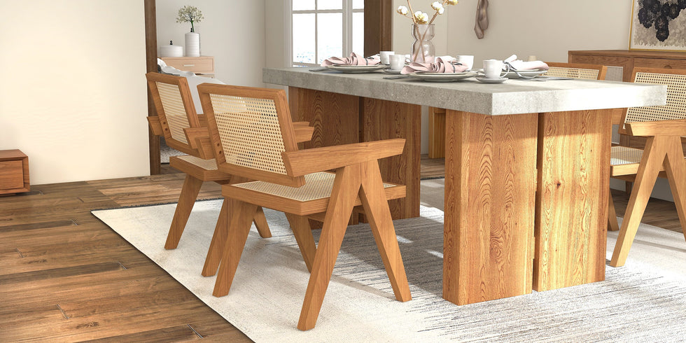 HMR - Archic Japandi Bleached Wood Rattan Dining Chair with Solid Wood Frame