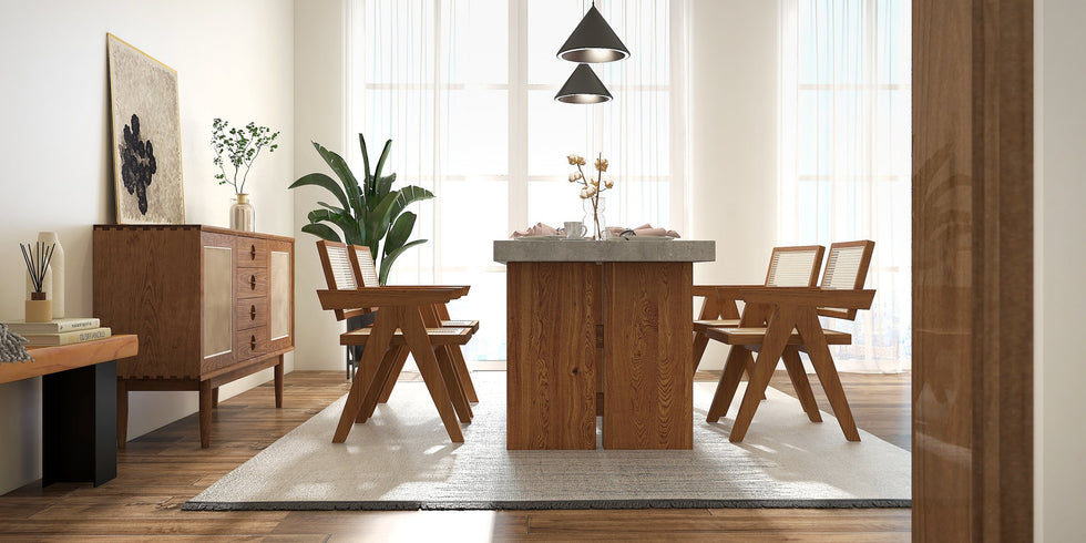 HMR - Archic Japandi Bleached Wood Rattan Dining Chair with Solid Wood Frame