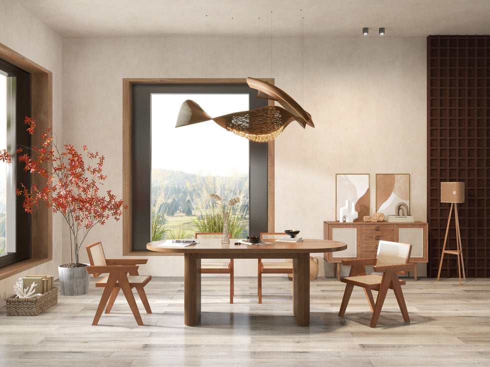 HMR - Archic Japandi Bleached Wood Rattan Dining Chair with Solid Wood Frame