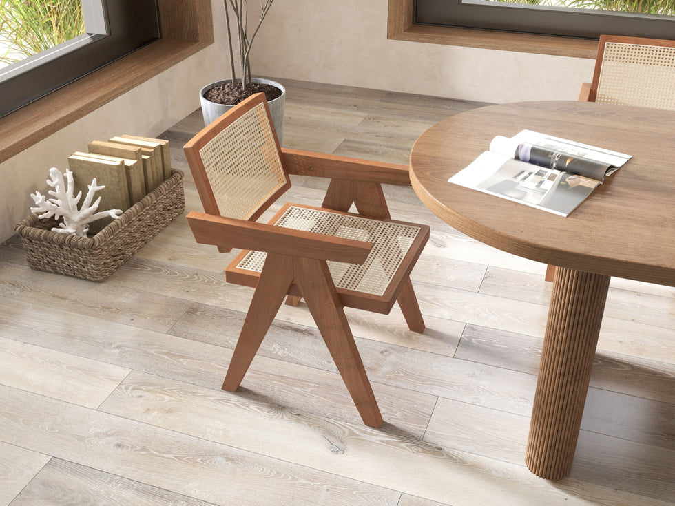 HMR - Archic Japandi Bleached Wood Rattan Dining Chair with Solid Wood Frame