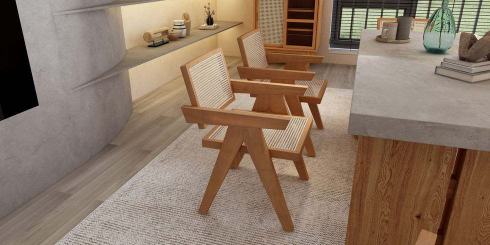 HMR - Archic Japandi Bleached Wood Rattan Dining Chair with Solid Wood Frame