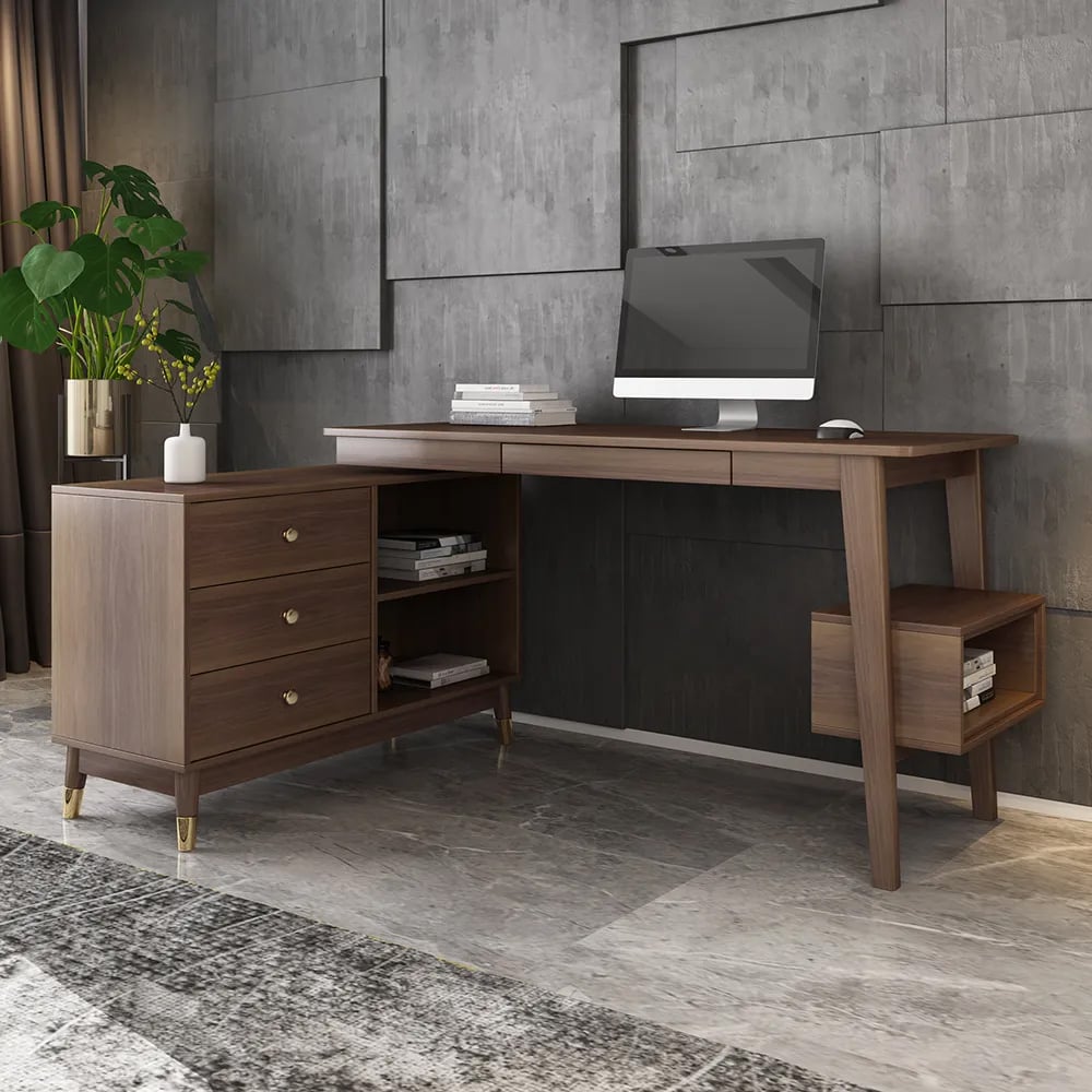 HMR - 47.2" Ultic L-Shaped Home Office Desk Desk with Storage Drawers & Shelf