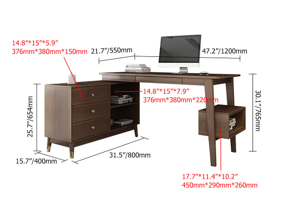 HMR - 47.2" Ultic L-Shaped Home Office Desk Desk with Storage Drawers & Shelf