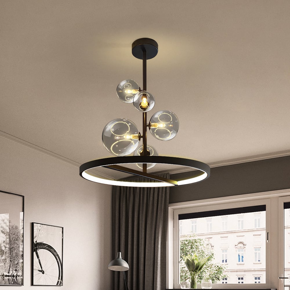 HMR - Bubi Black Glass Globe 5-Light Chandelier Modern for Living Room and Dining Room