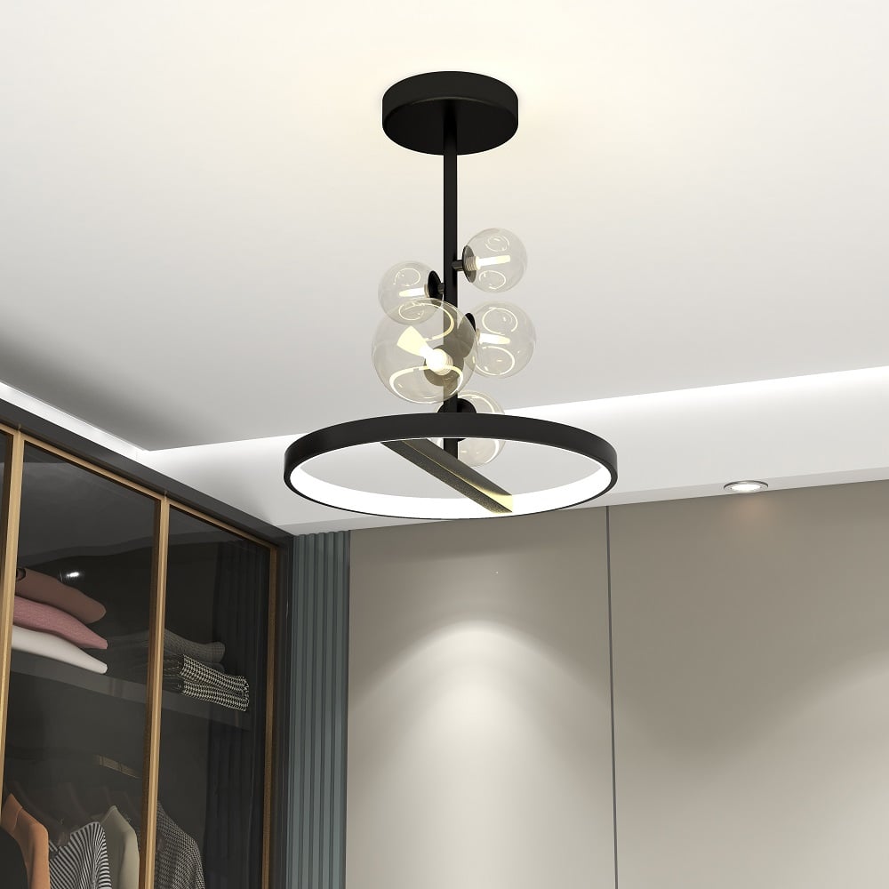 HMR - Bubi Black Glass Globe 5-Light Chandelier Modern for Living Room and Dining Room