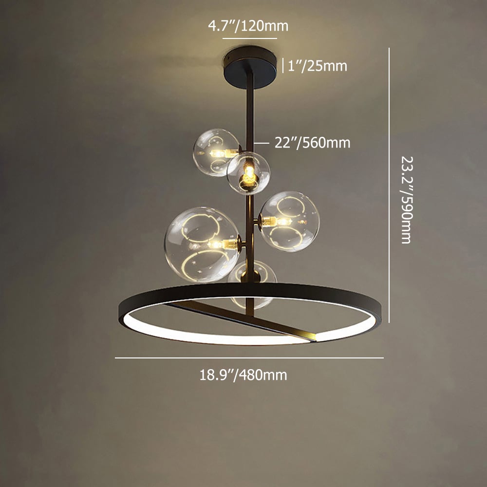 HMR - Bubi Black Glass Globe 5-Light Chandelier Modern for Living Room and Dining Room