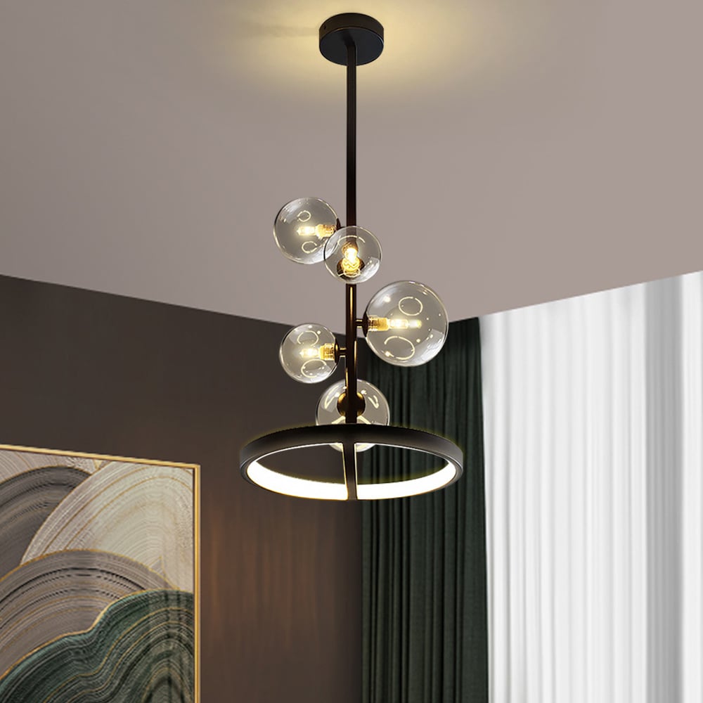 HMR - Bubi Black Glass Globe 5-Light Chandelier Modern for Living Room and Dining Room