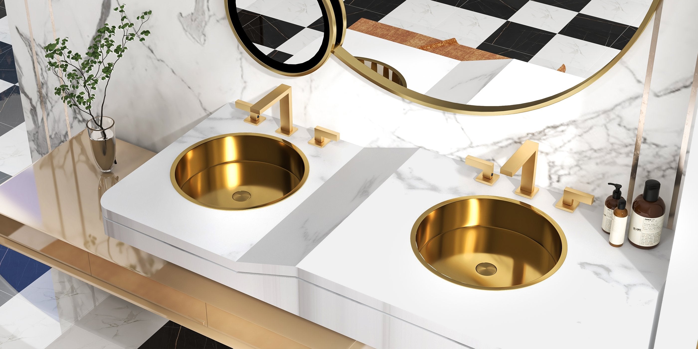 HMR - Brushed Gold Modern Luxury Stainless Steel Round Sink Undermount Bathroom Wash Sink