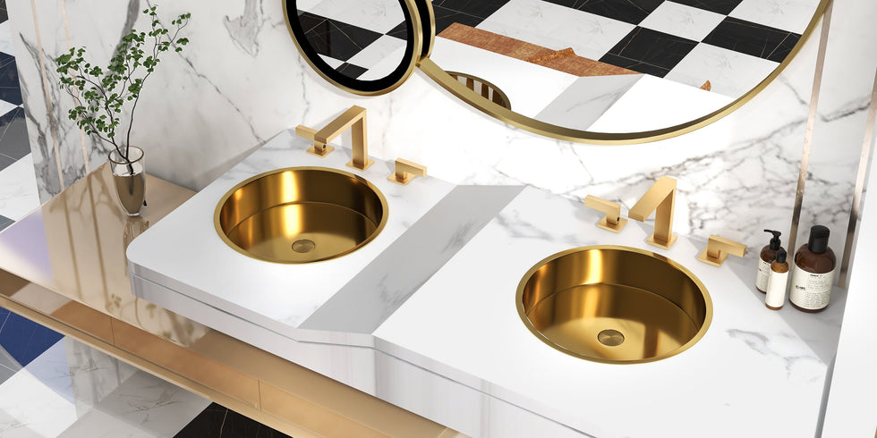 HMR - Brushed Gold Modern Luxury Stainless Steel Round Sink Undermount Bathroom Wash Sink