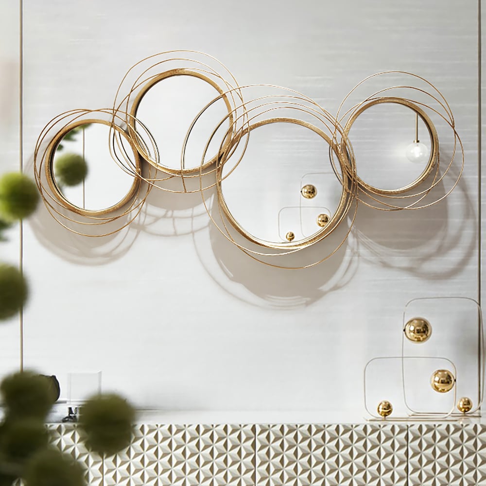 HMR - Modern Luxury Gold Round Wall Mirror Creative 3D Overlapping Metal Décor