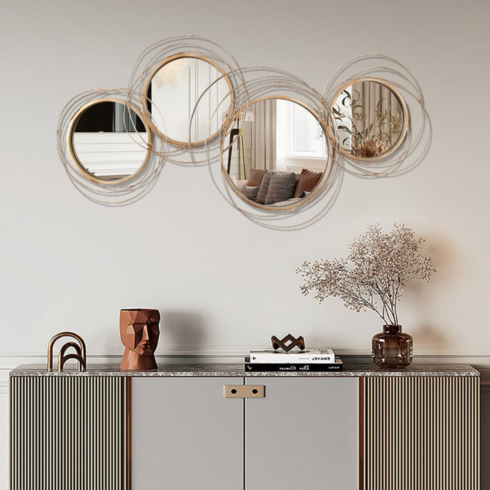 HMR - Modern Luxury Gold Round Wall Mirror Creative 3D Overlapping Metal Décor
