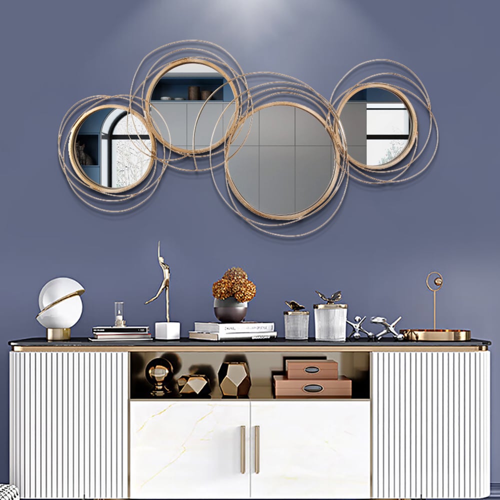 HMR - Modern Luxury Gold Round Wall Mirror Creative 3D Overlapping Metal Décor