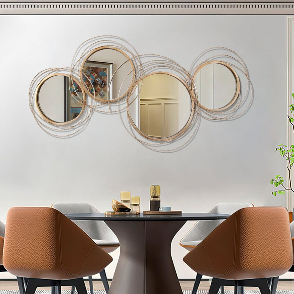 HMR - Modern Luxury Gold Round Wall Mirror Creative 3D Overlapping Metal Décor