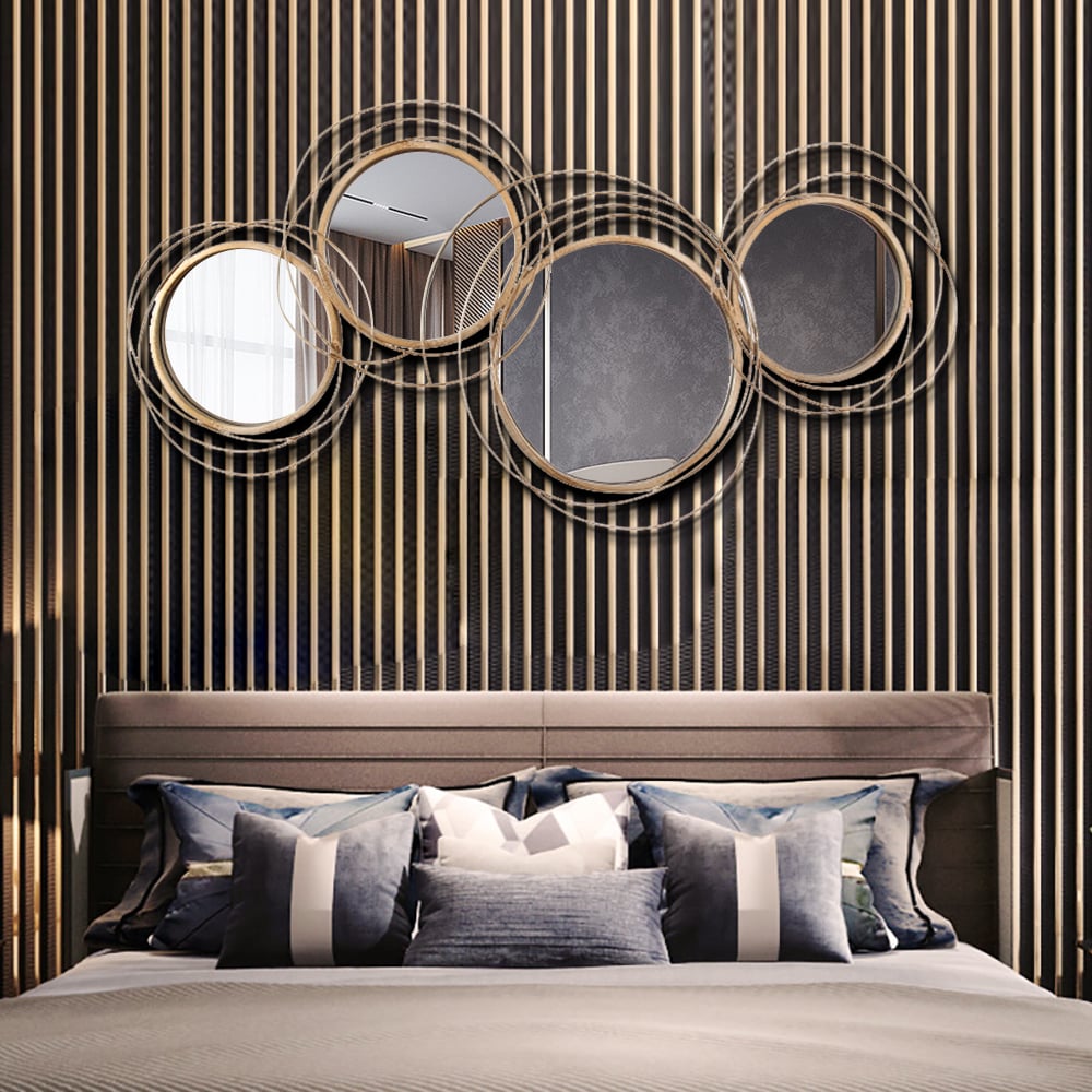 HMR - Modern Luxury Gold Round Wall Mirror Creative 3D Overlapping Metal Décor