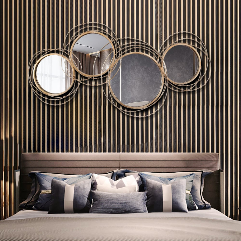 HMR - Modern Luxury Gold Round Wall Mirror Creative 3D Overlapping Metal Décor