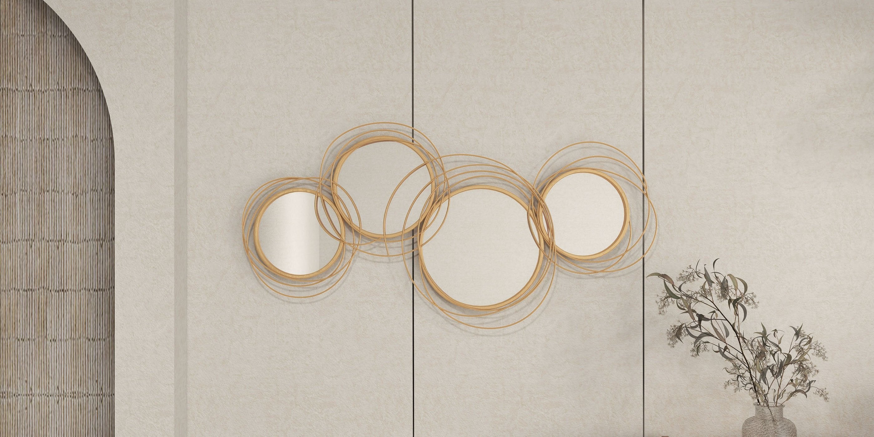 HMR - Modern Luxury Gold Round Wall Mirror Creative 3D Overlapping Metal Décor