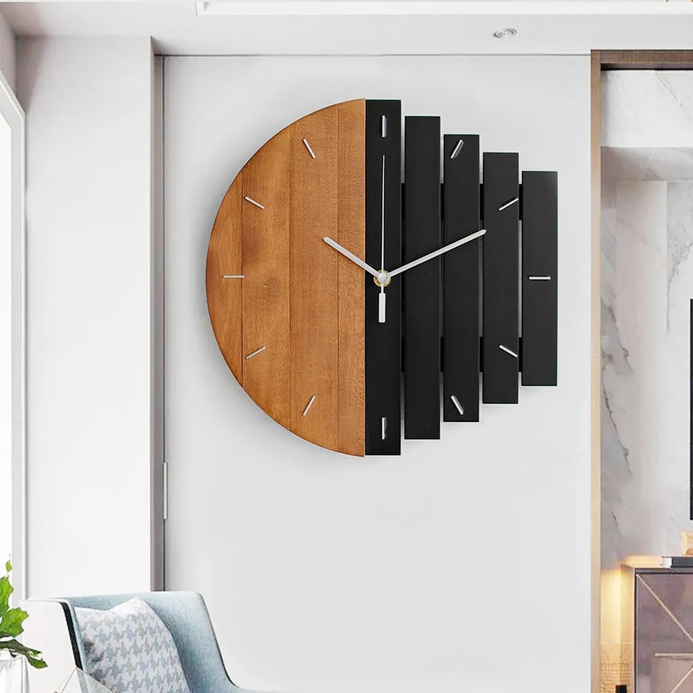 HMR - Abstract Wall Clock Hanging Artistic Decor in Natural Wood