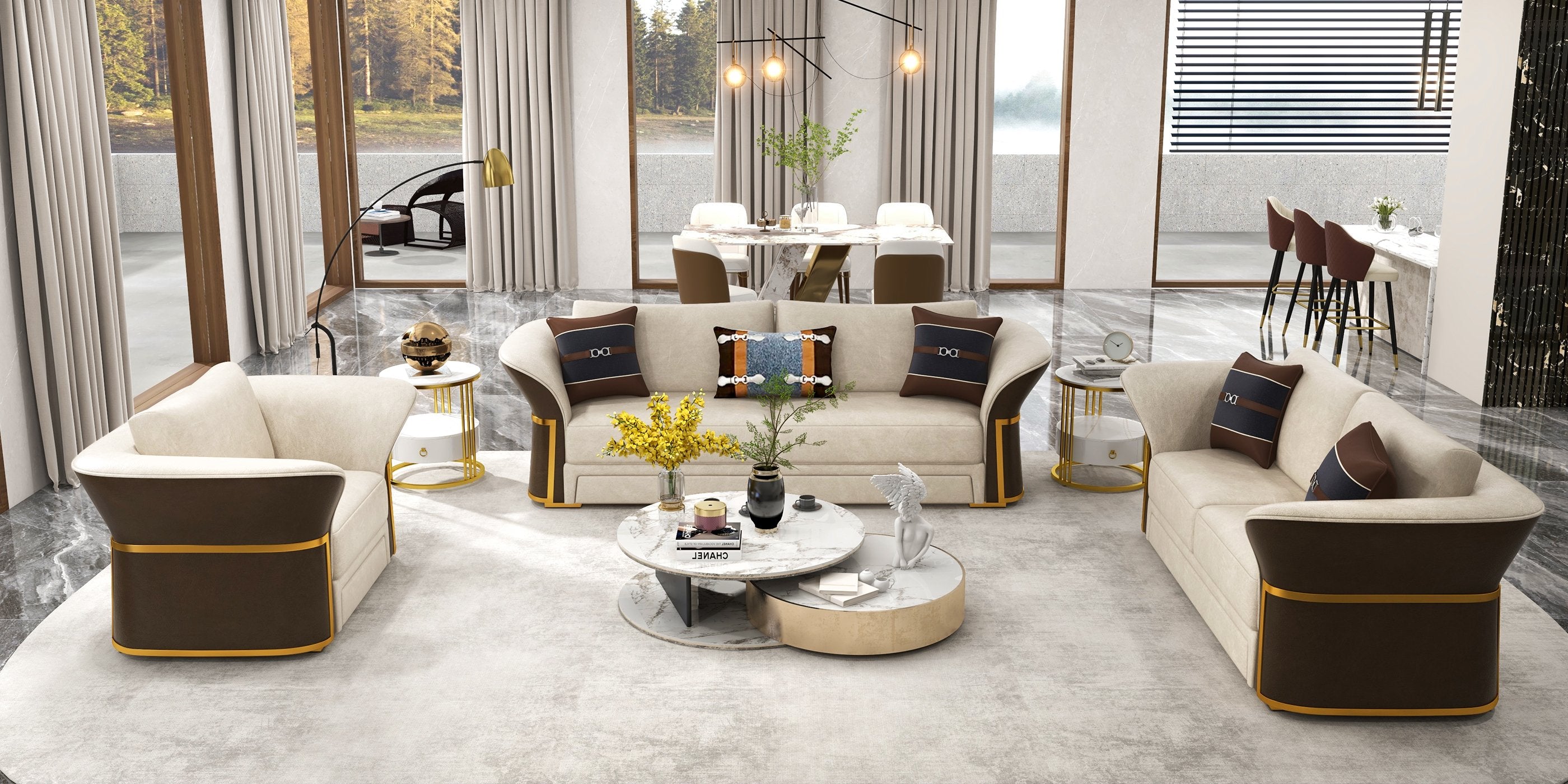 HMR - Modern Faux Leather Living Room Sofa Set in Brown & White Set of 3