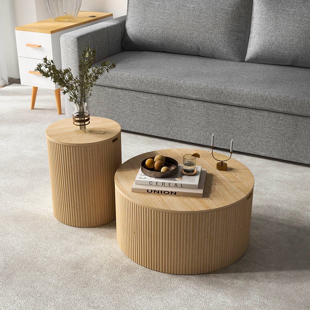 HMR - Round Wood Coffee Table with Storage