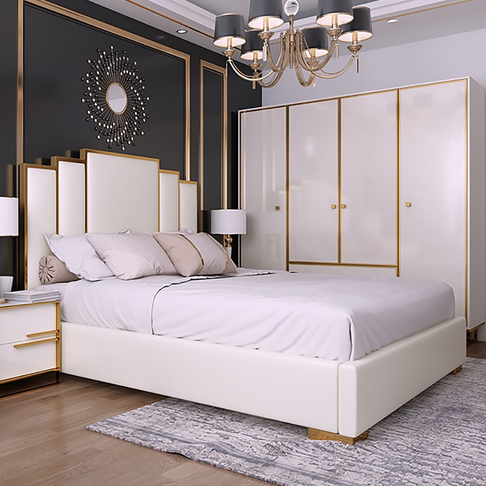 HMR - Modern Faux Leather Upholstered Bed with Geometric Headboard Included