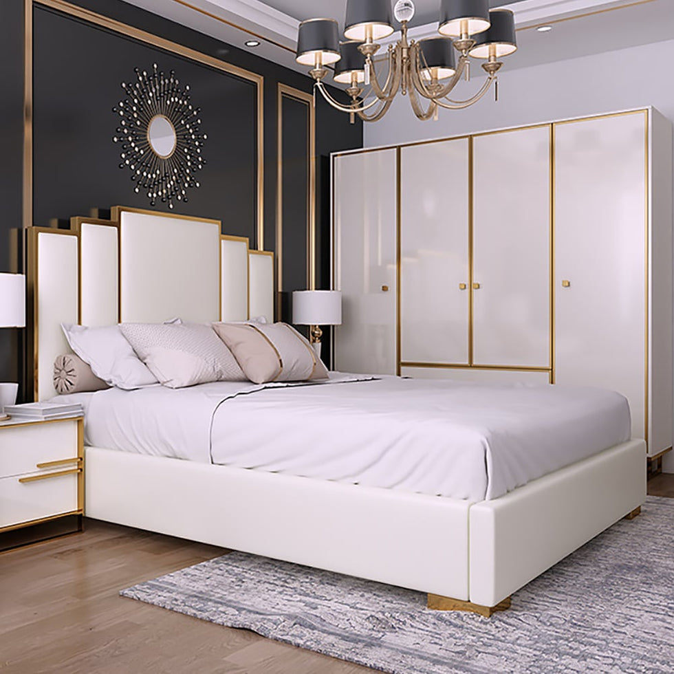 HMR - Modern Faux Leather Upholstered Bed with Geometric Headboard Included