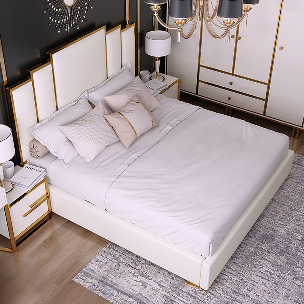 HMR - Modern Faux Leather Upholstered Bed with Geometric Headboard Included